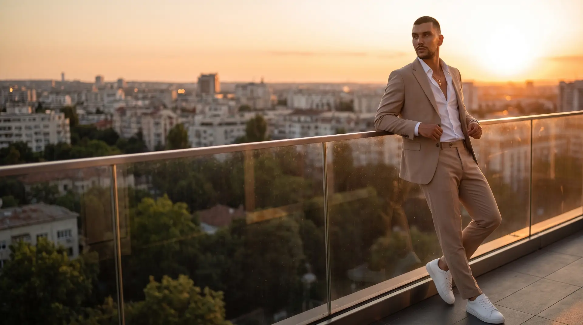 Man in a beige suit on a city rooftop at sunset